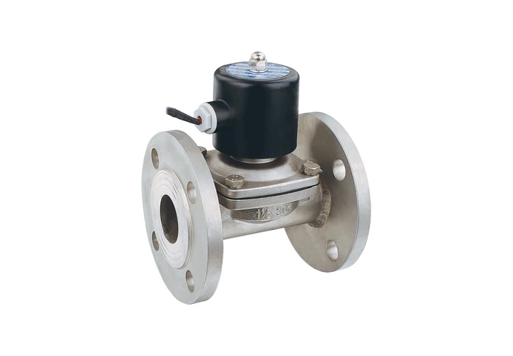 2WBF flanged stainless steel fluid solenoid valve with black encapsulated coil and two flanged ports