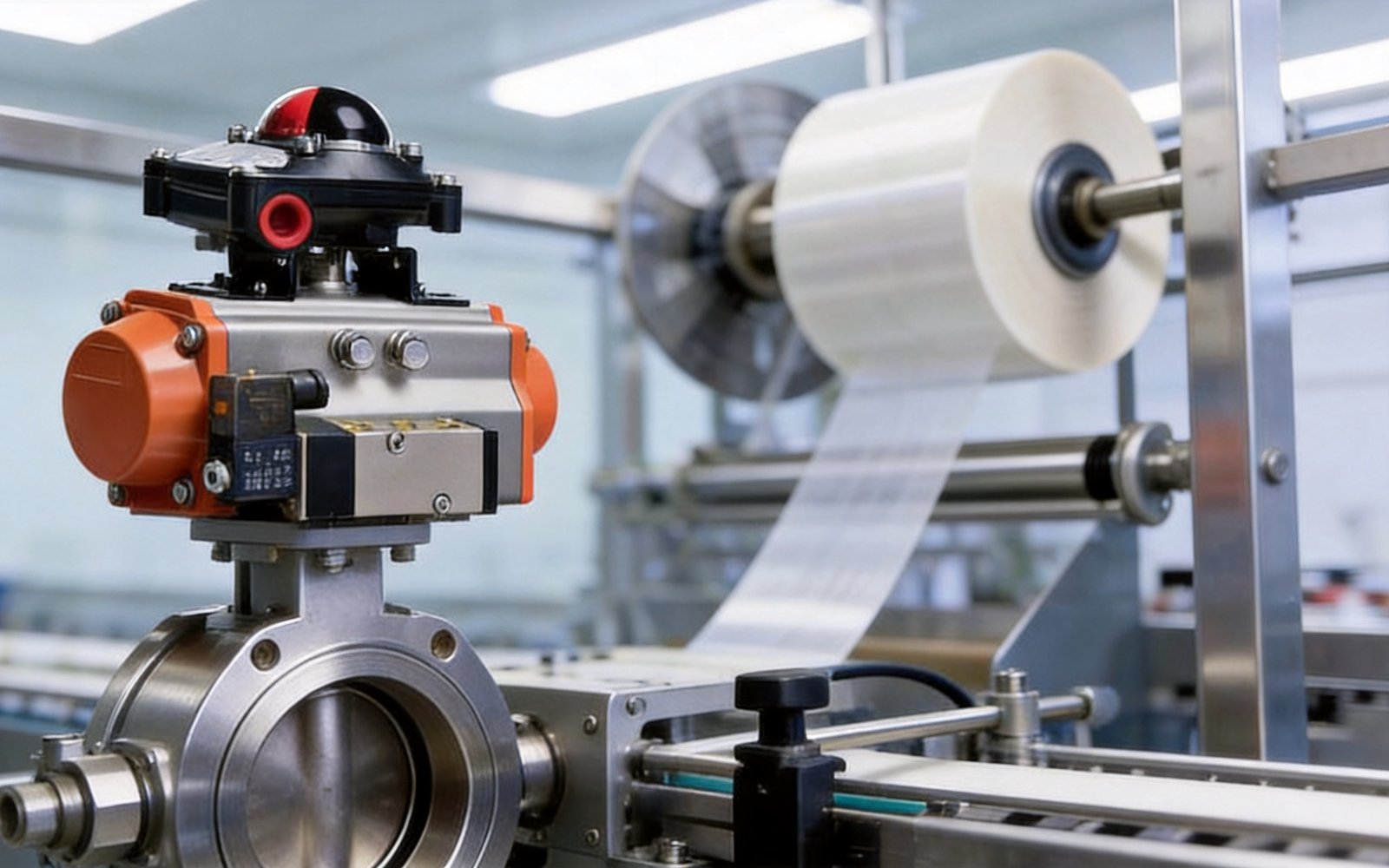 AT-SR spring return pneumatic rack-and-pinion actuator with spring canister mounted on a quarter-turn valve with NAMUR solenoid